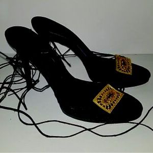 BCBG Max Azria black leather gold rhinestone tie Up strappy heels. 6